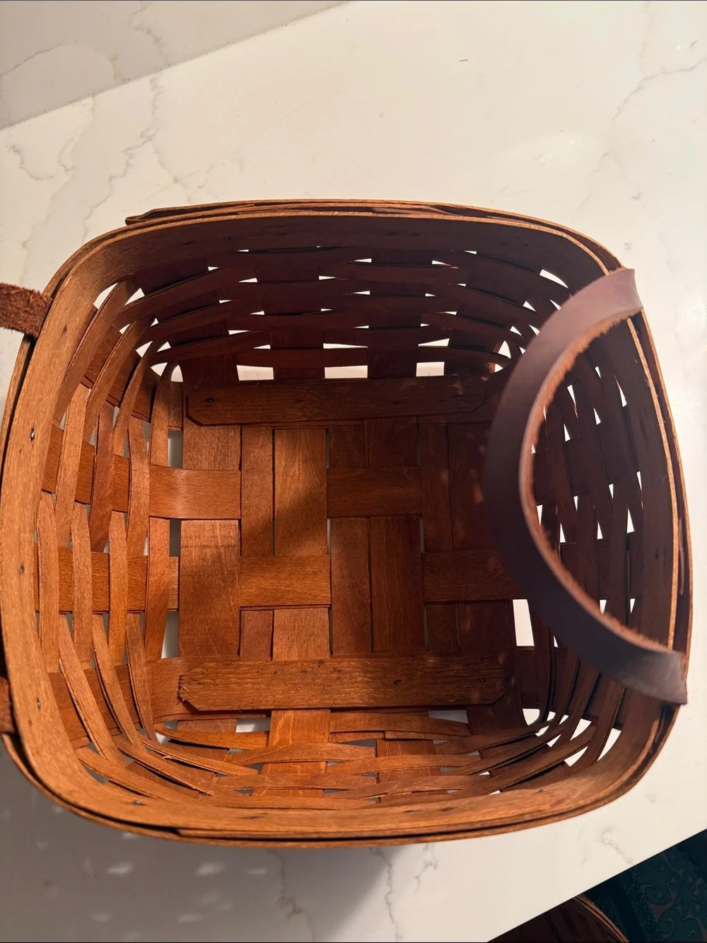 Vintage 19th Century Handwoven Wooden Basket with Leather Handles Signed